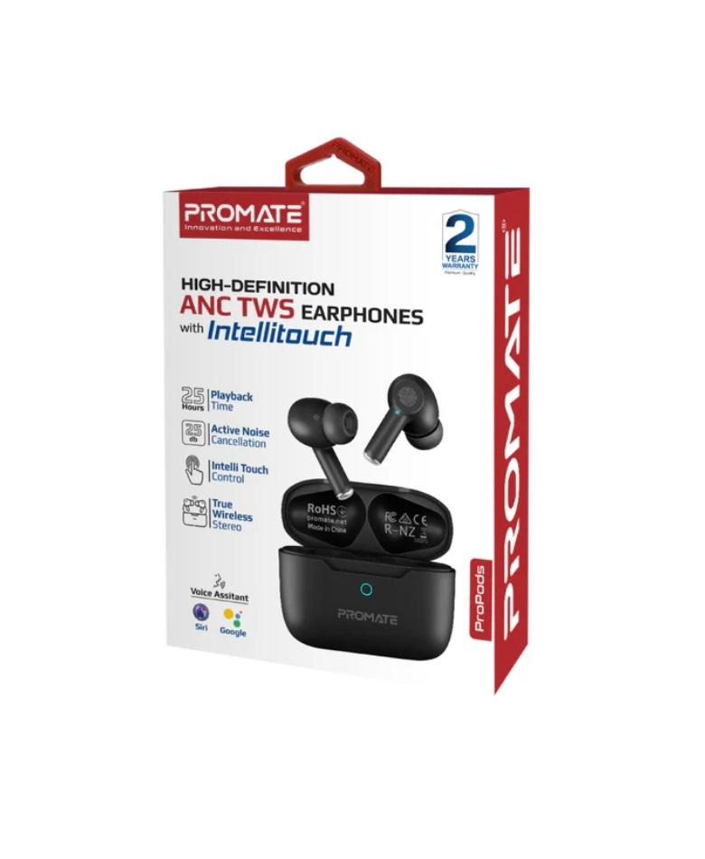 Promate ProPods High-Definition ANC TWS Earphones with intellitouch, Black